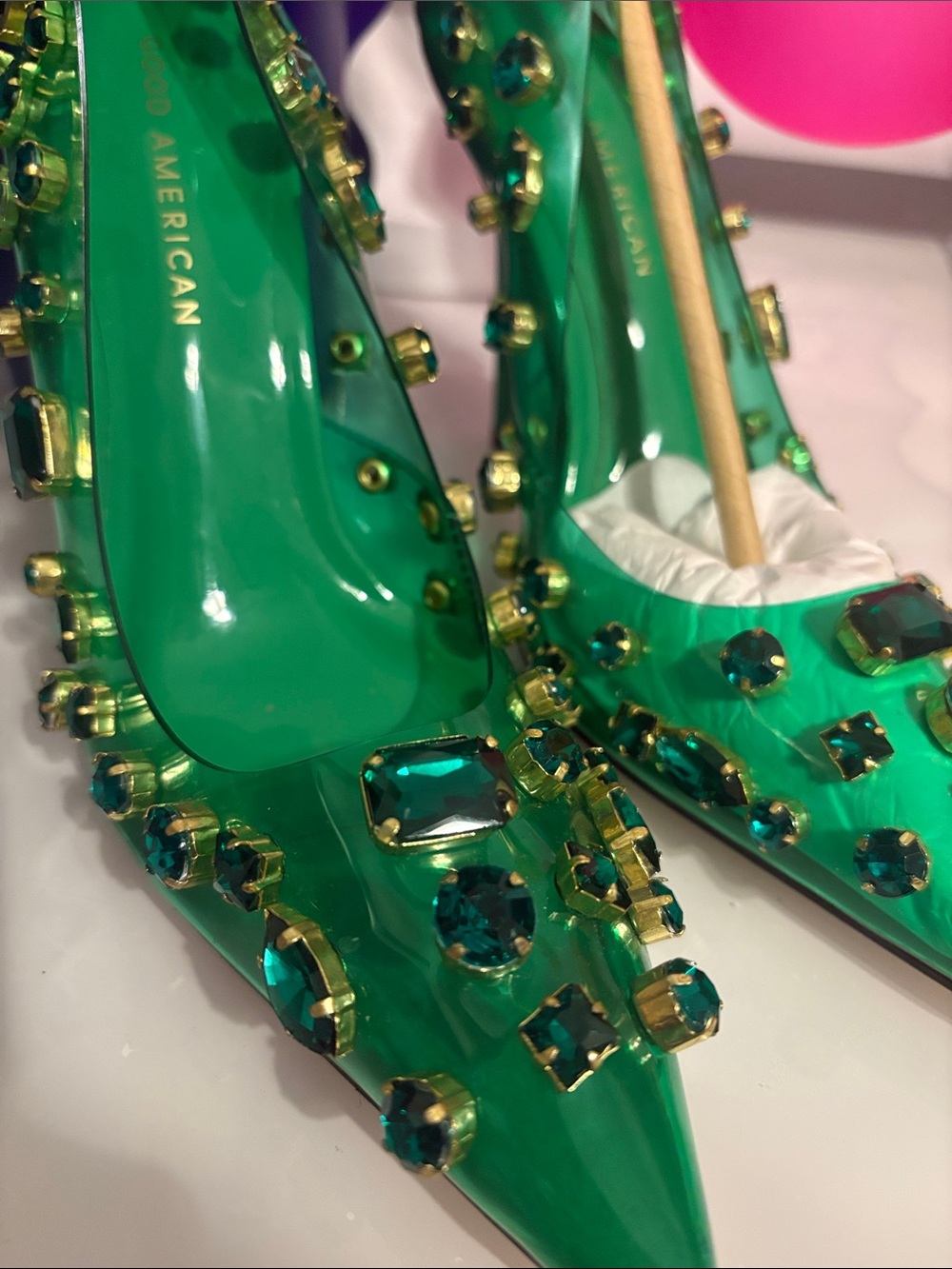 Good American Green Jeweled Pointed Toe Heels - Picture 2 of 5